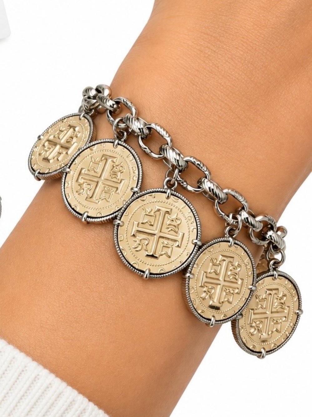 StarFire Collection Rhodium/CZ Charm Chain Bracelet - Gold and Silver